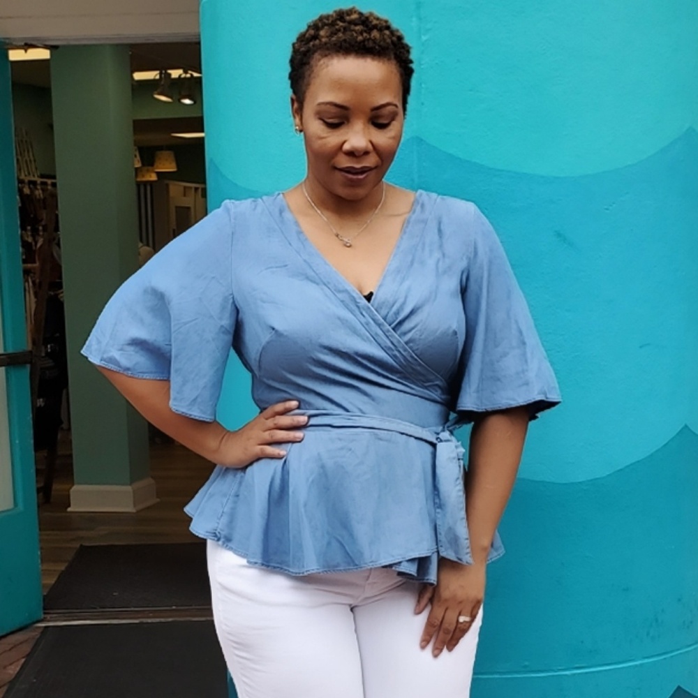 Denim wrap peplum top